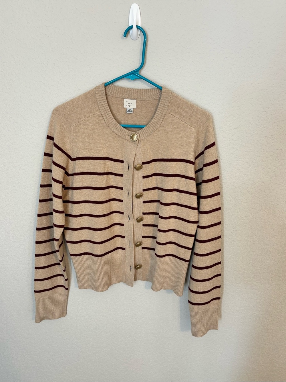 a new day Beige Cardigan with Burgundy Stripes
